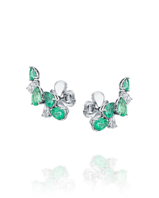 0.54CT NATURAL DIAMONDS & PEAR CUT EMERALDS CLIMBER EARRINGS | 3.36G 18K WHITE GOLD