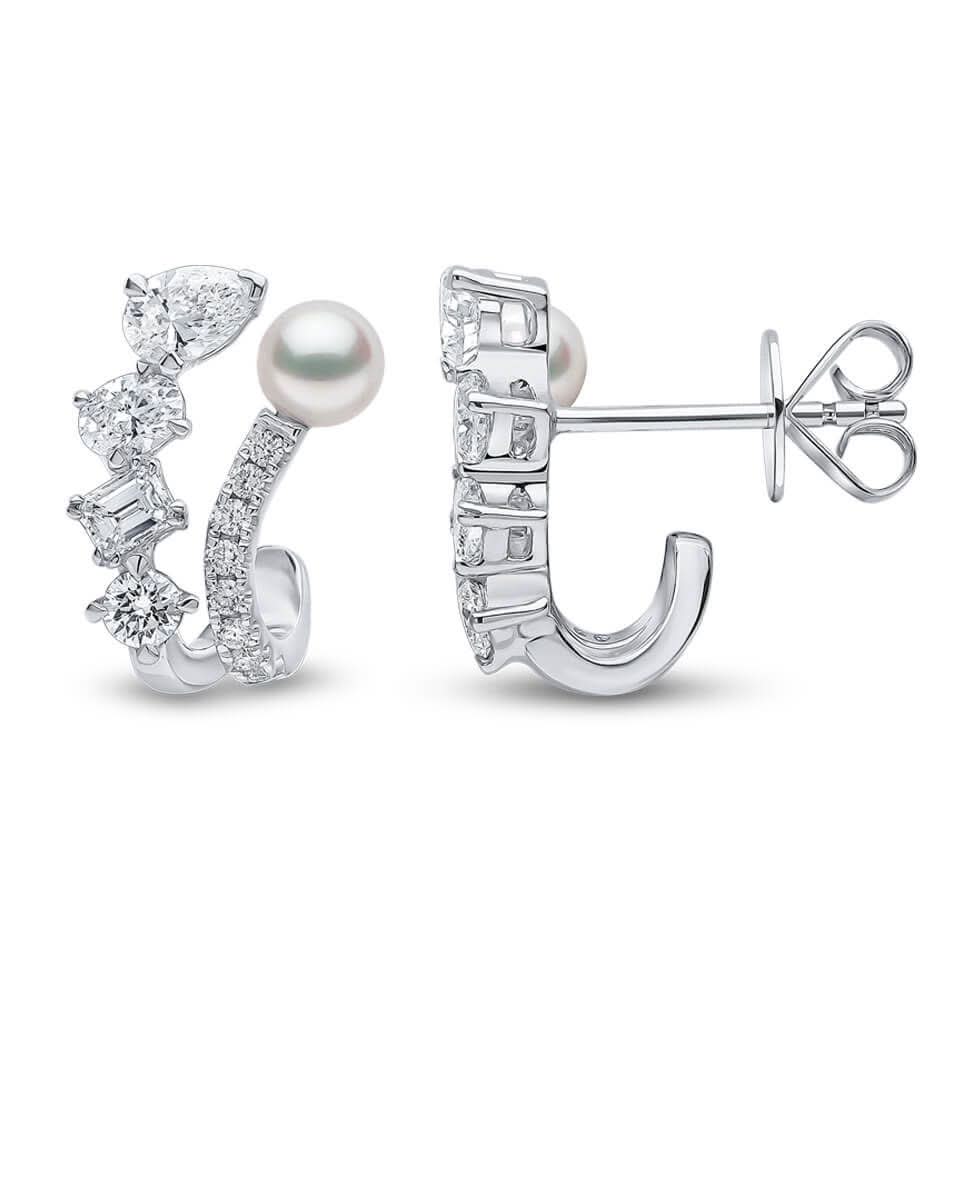1.38CT NATURAL MULTI-SHAPE DIAMONDS & AKOYA PEARL EARRINGS | 4.06G 18K WHITE GOLD