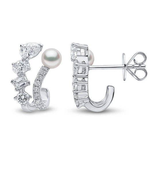 1.38CT NATURAL MULTI-SHAPE DIAMONDS & AKOYA PEARL EARRINGS | 4.06G 18K WHITE GOLD