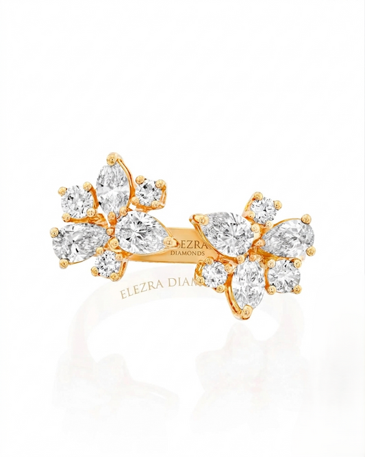 1.47CT NATURAL PEAR & ROUND CUT DIAMONDS DOUBLE FLOWER OPEN RING | 4.50G 18K YELLOW GOLD