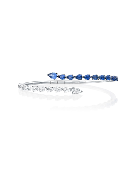 1.61CT PEAR CUT NATURAL DIAMONDS & 2.46CT BLUE SAPPHIRES OPEN FLEX BRACELET | 18K WHITE GOLD