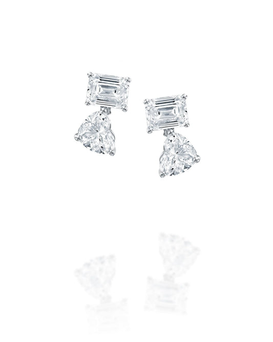 2.01CT NATURAL HEART & EMERALD CUT DIAMONDS DROP EARRINGS | 2.90G 18K WHITE GOLD