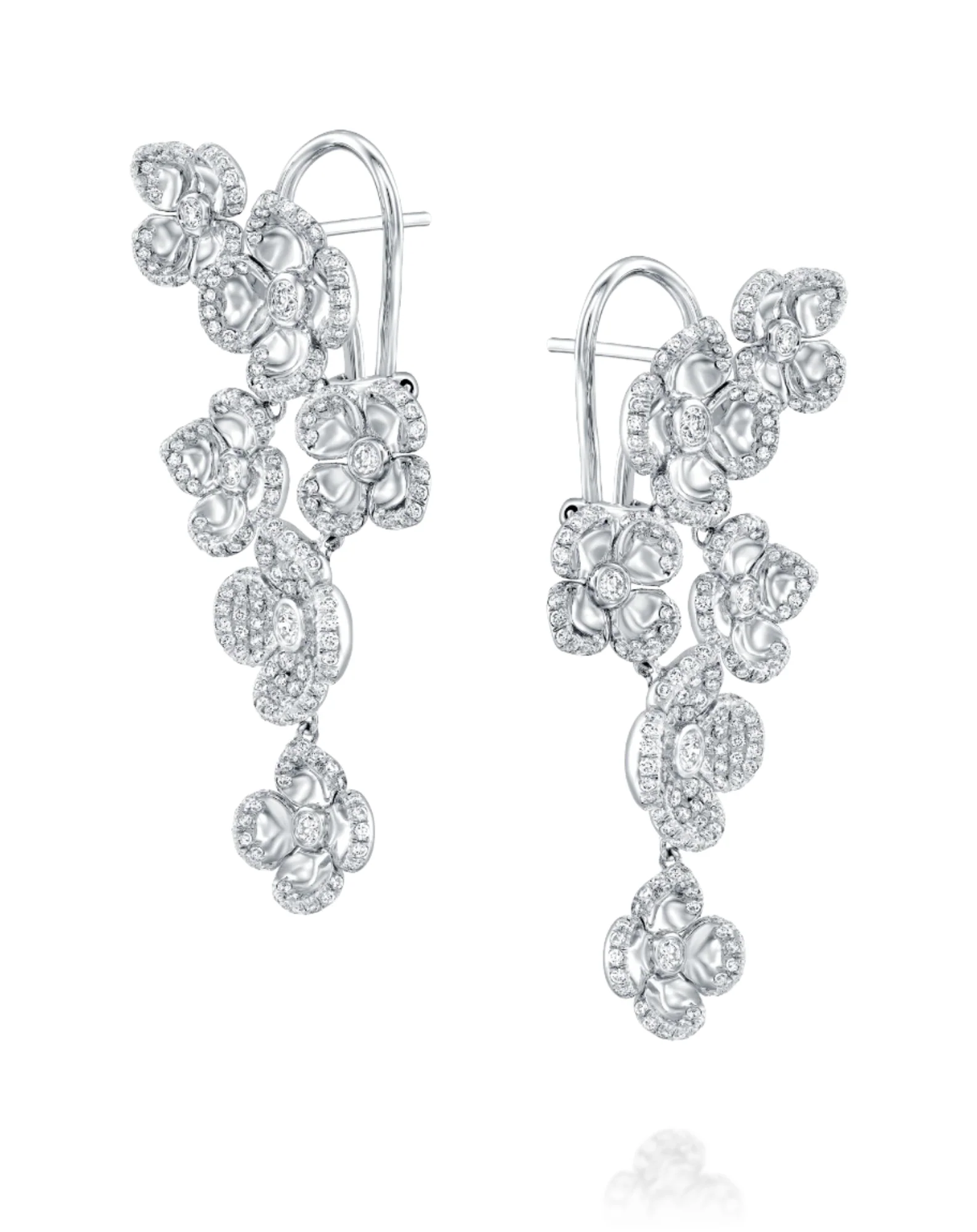 2.50CT NATURAL ROUND BRILLIANT DIAMONDS SIX CONCAVE VIOLETTO FLOWERS EARRINGS | 18K YELLOW & WHITE GOLD
