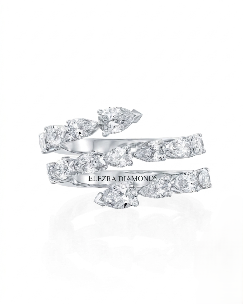 2.53CT TW NATURAL DIAMONDS PEAR SHAPE DOUBLE ROW OPEN RING | 6.54G 18K WHITE GOLD