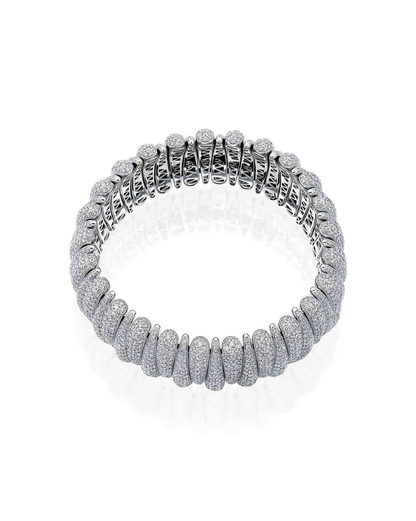 22.50CT FULL PAVÉ ROUND BRILLIANT CUT NATURAL DIAMONDS ARTIGLIO CLAW FLEX BRACELET | 74.5G 18K WHITE GOLD