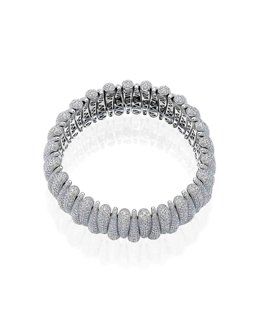 22.50CT FULL PAVÉ ROUND BRILLIANT CUT NATURAL DIAMONDS ARTIGLIO CLAW FLEX BRACELET | 74.5G 18K WHITE GOLD