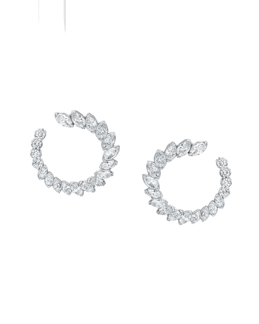 5.19CT NATURAL PEAR & ROUND BRILLIANT DIAMONDS OPEN HOOP EARRINGS | 8.30G 18K WHITE GOLD