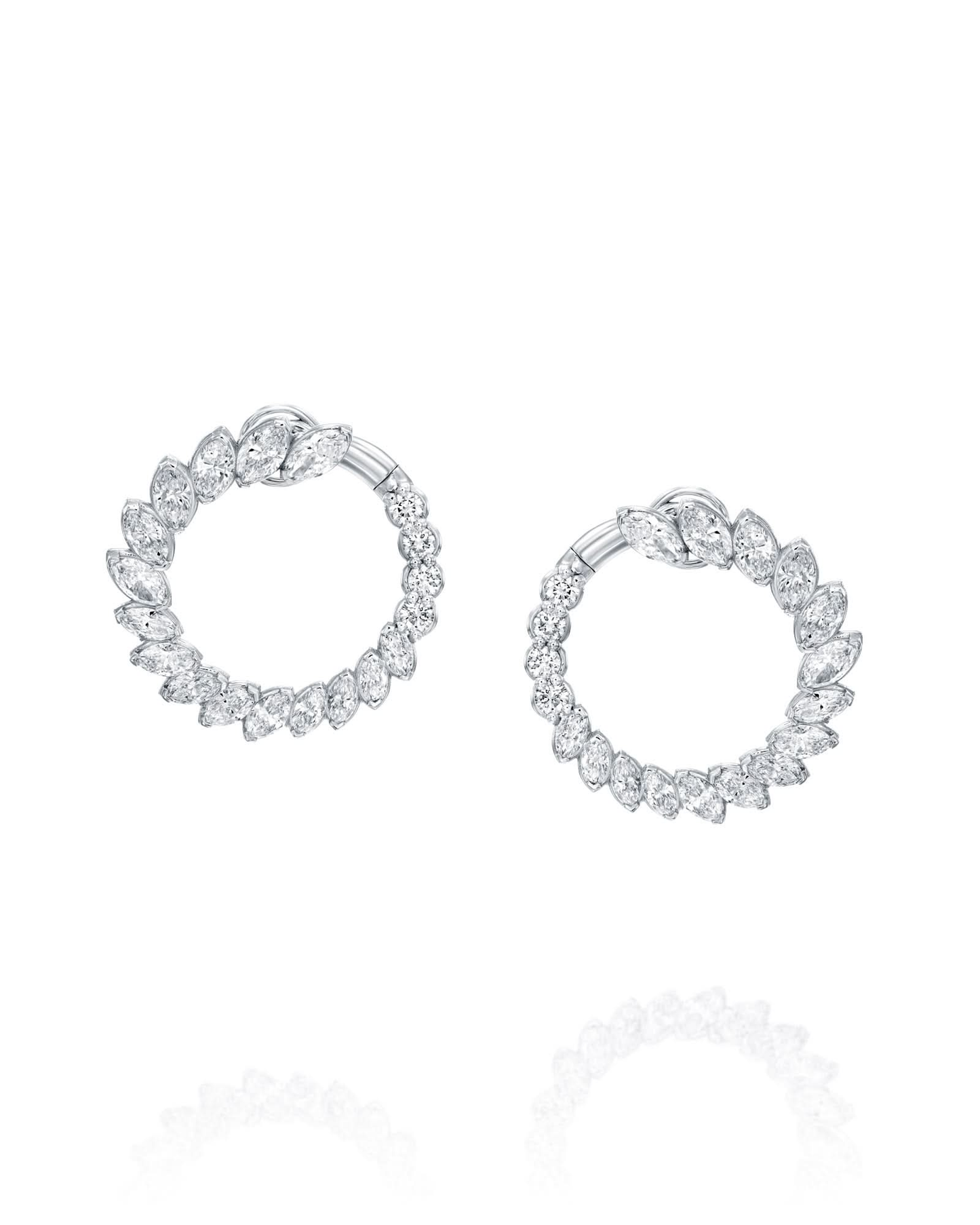 5.19CT NATURAL PEAR & ROUND BRILLIANT DIAMONDS OPEN HOOP EARRINGS | 8.30G 18K WHITE GOLD