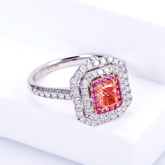 LUXURY RADIANT CUT PINK LAB DIAMOND HALO RING | 18K WHITE GOLD