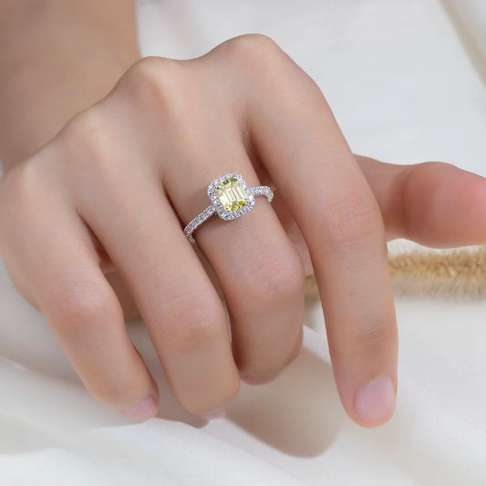 EMERALD CUT YELLOW LAB-GROWN DIAMONDS HALO RING | 2CT - 10CT 18K WHITE GOLD