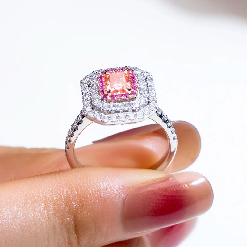 LUXURY RADIANT CUT PINK LAB DIAMOND HALO RING | 18K WHITE GOLD