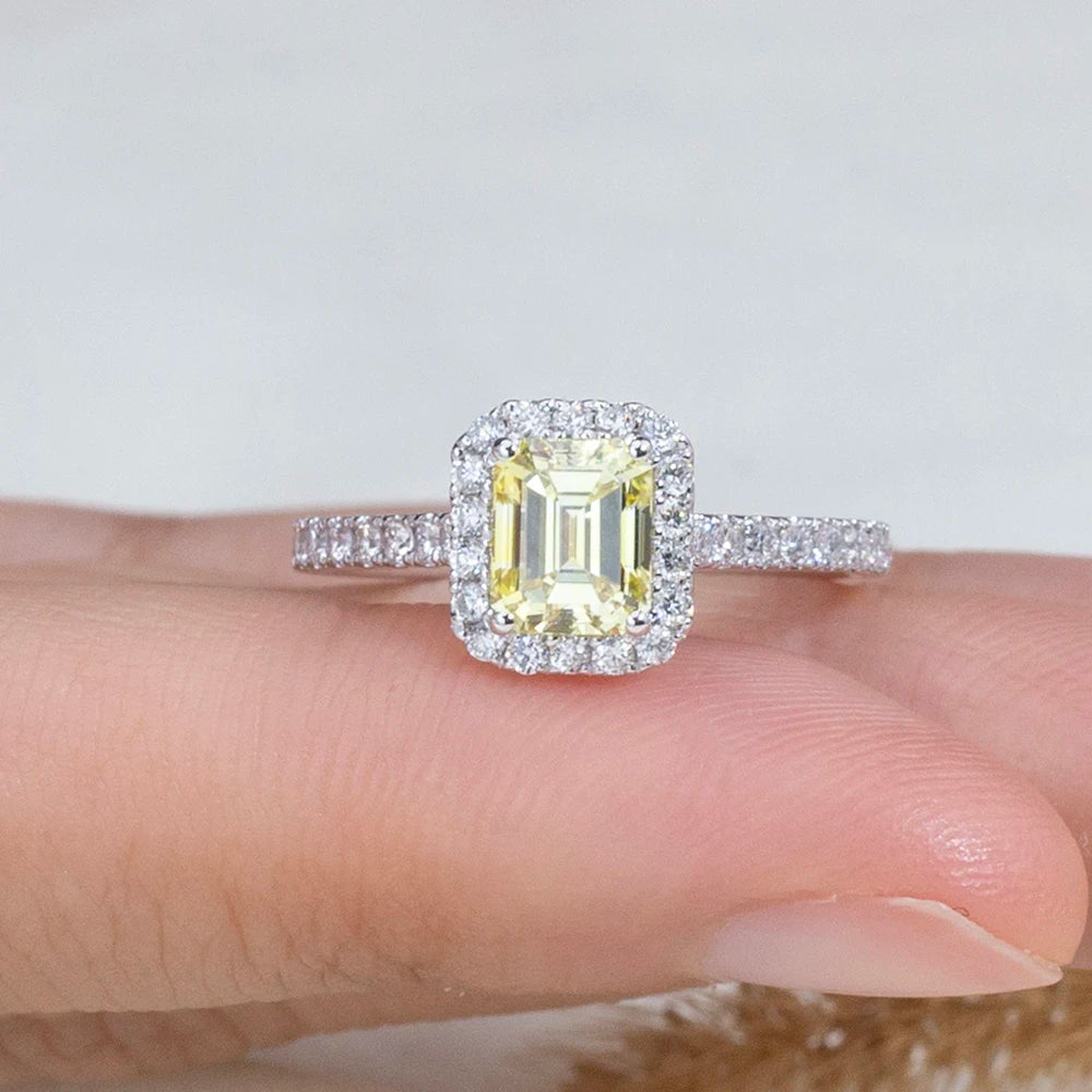 EMERALD CUT YELLOW LAB-GROWN DIAMONDS HALO RING | 2CT - 10CT 18K WHITE GOLD