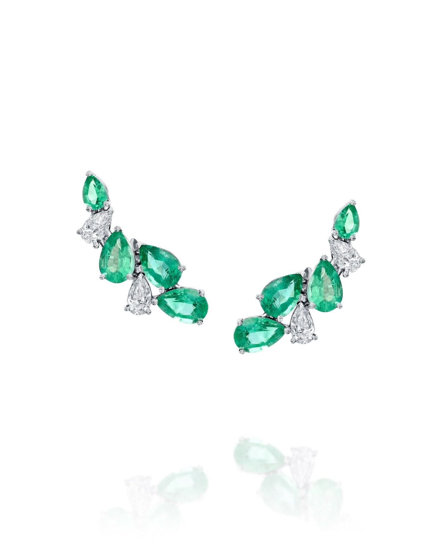 0.54CT NATURAL DIAMONDS & PEAR CUT EMERALDS CLIMBER EARRINGS | 3.36G 18K WHITE GOLD