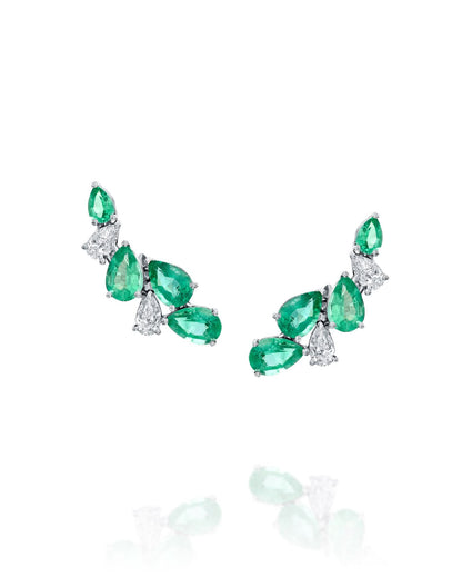 0.54CT NATURAL DIAMONDS & PEAR CUT EMERALDS CLIMBER EARRINGS | 3.36G 18K WHITE GOLD