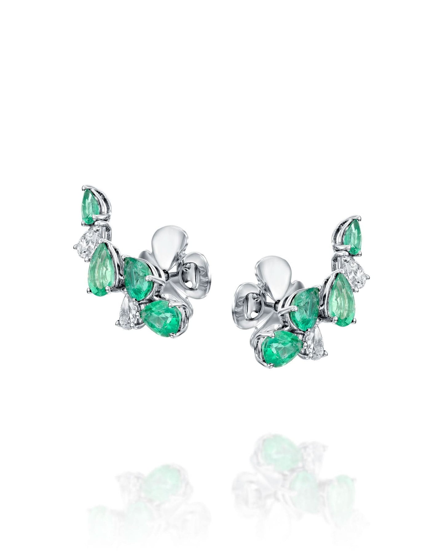 0.54CT NATURAL DIAMONDS & PEAR CUT EMERALDS CLIMBER EARRINGS | 3.36G 18K WHITE GOLD