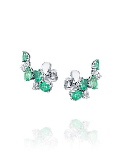 0.54CT NATURAL DIAMONDS & PEAR CUT EMERALDS CLIMBER EARRINGS | 3.36G 18K WHITE GOLD