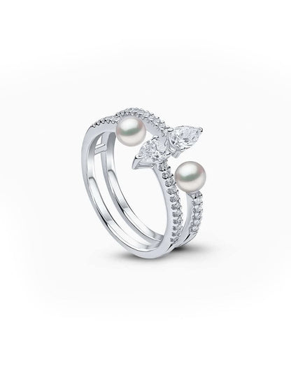 0.68CT NATURAL DIAMONDS & AKOYA PEARL DOUBLE OPEN RING | 4.51G 18K WHITE GOLD