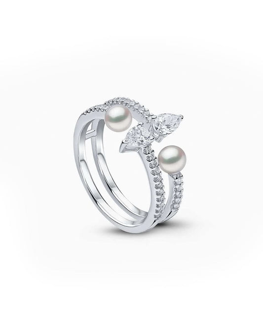 0.68CT NATURAL DIAMONDS & AKOYA PEARL DOUBLE OPEN RING | 4.51G 18K WHITE GOLD
