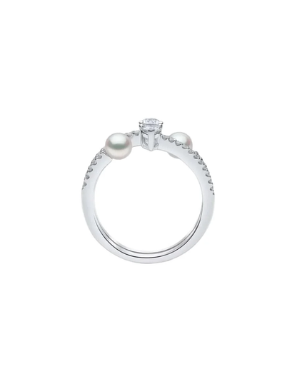 0.68CT NATURAL DIAMONDS & AKOYA PEARL DOUBLE OPEN RING | 4.51G 18K WHITE GOLD
