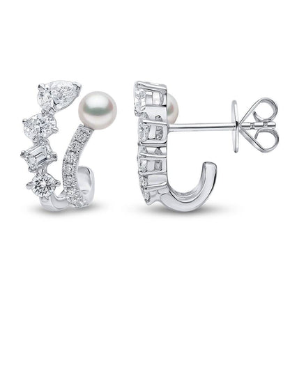 1.38CT NATURAL MULTI-SHAPE DIAMONDS & AKOYA PEARL EARRINGS | 4.06G 18K WHITE GOLD