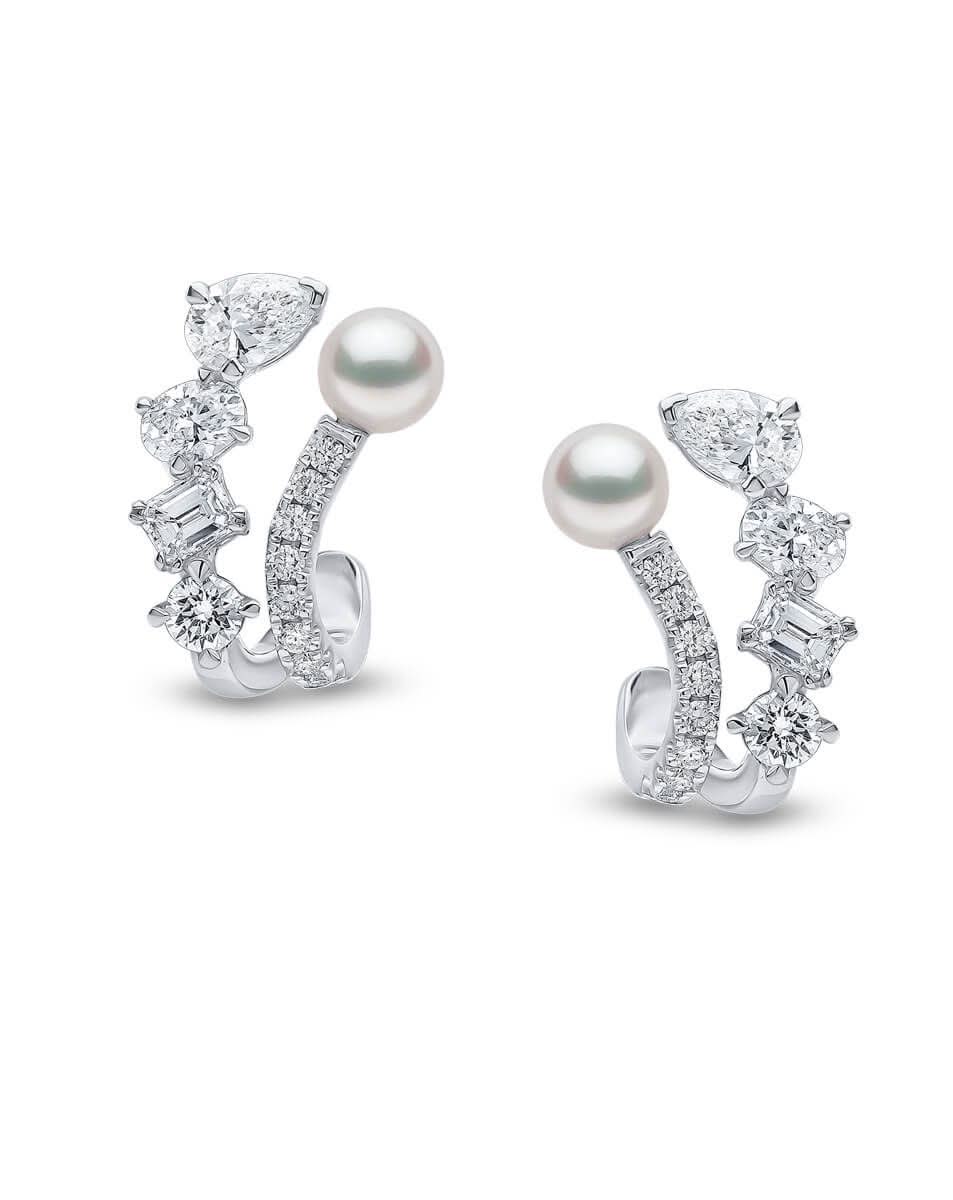1.38CT NATURAL MULTI-SHAPE DIAMONDS & AKOYA PEARL EARRINGS | 4.06G 18K WHITE GOLD