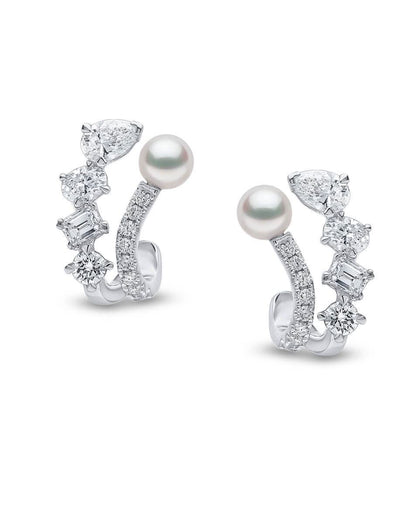 1.38CT NATURAL MULTI-SHAPE DIAMONDS & AKOYA PEARL EARRINGS | 4.06G 18K WHITE GOLD