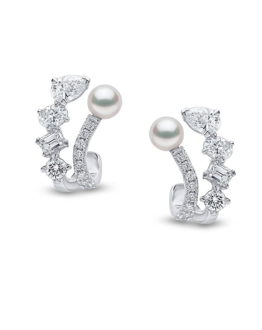 1.38CT NATURAL MULTI-SHAPE DIAMONDS & AKOYA PEARL EARRINGS | 4.06G 18K WHITE GOLD