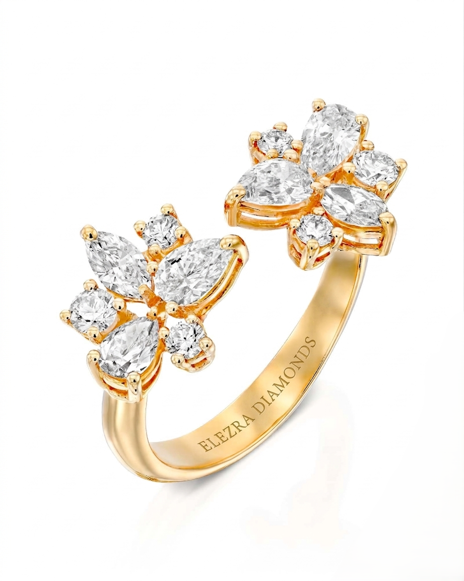 1.47CT NATURAL PEAR & ROUND CUT DIAMONDS DOUBLE FLOWER OPEN RING | 4.50G 18K YELLOW GOLD