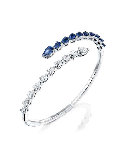 1.61CT PEAR CUT NATURAL DIAMONDS & 2.46CT BLUE SAPPHIRES OPEN FLEX BRACELET | 18K WHITE GOLD