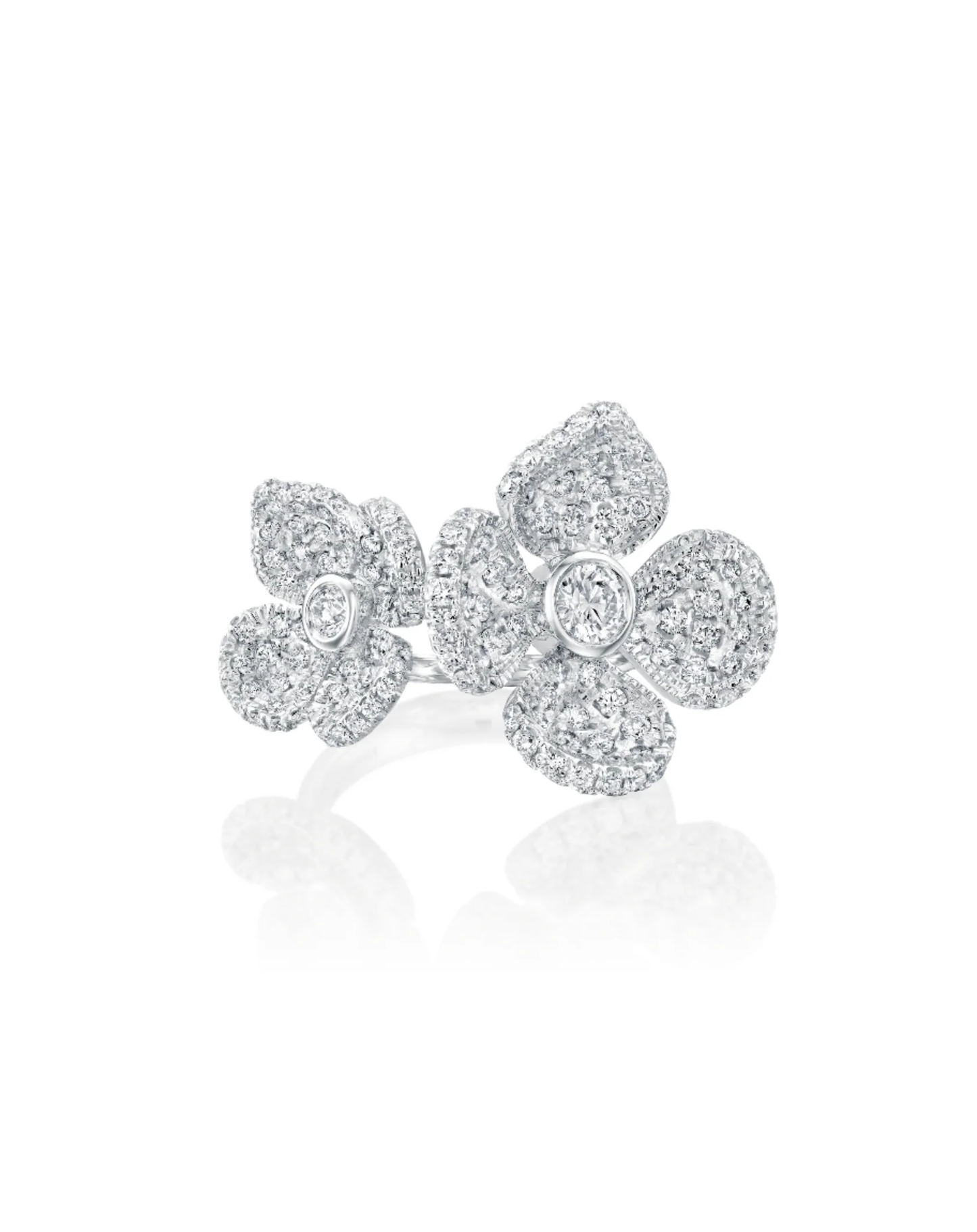 1.71CT NATURAL ROUND BRILLIANT DIAMONDS CONCAVE DOUBLE FLOWER RING | 18K WHITE GOLD