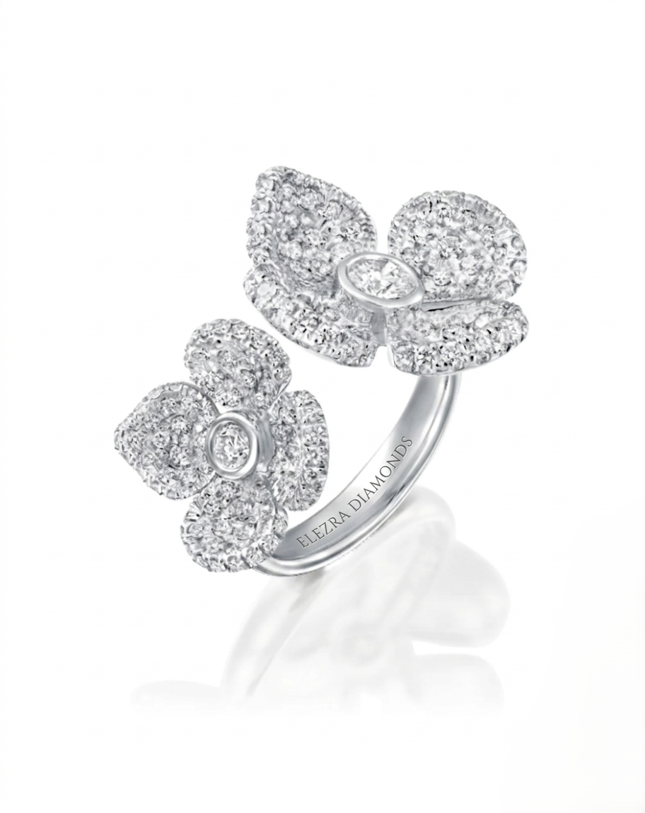 1.71CT NATURAL ROUND BRILLIANT DIAMONDS CONCAVE DOUBLE FLOWER RING | 18K WHITE GOLD