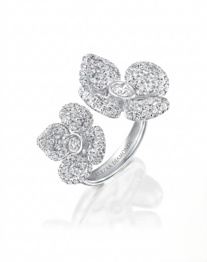1.71CT NATURAL ROUND BRILLIANT DIAMONDS CONCAVE DOUBLE FLOWER RING | 18K WHITE GOLD