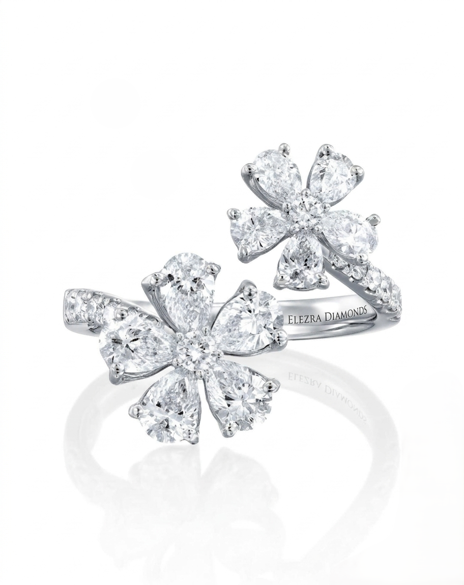 1.75CT NATURAL DIAMONDS DOUBLE FLOWER OPEN RING | 3.99G 18K WHITE GOLD