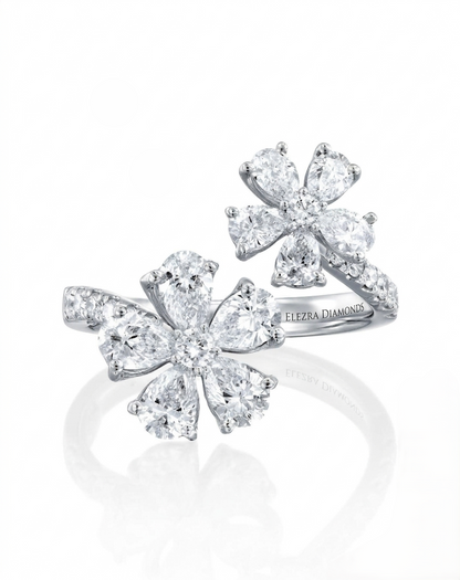 1.75CT NATURAL DIAMONDS DOUBLE FLOWER OPEN RING | 3.99G 18K WHITE GOLD