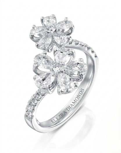 1.75CT NATURAL DIAMONDS DOUBLE FLOWER OPEN RING | 3.99G 18K WHITE GOLD