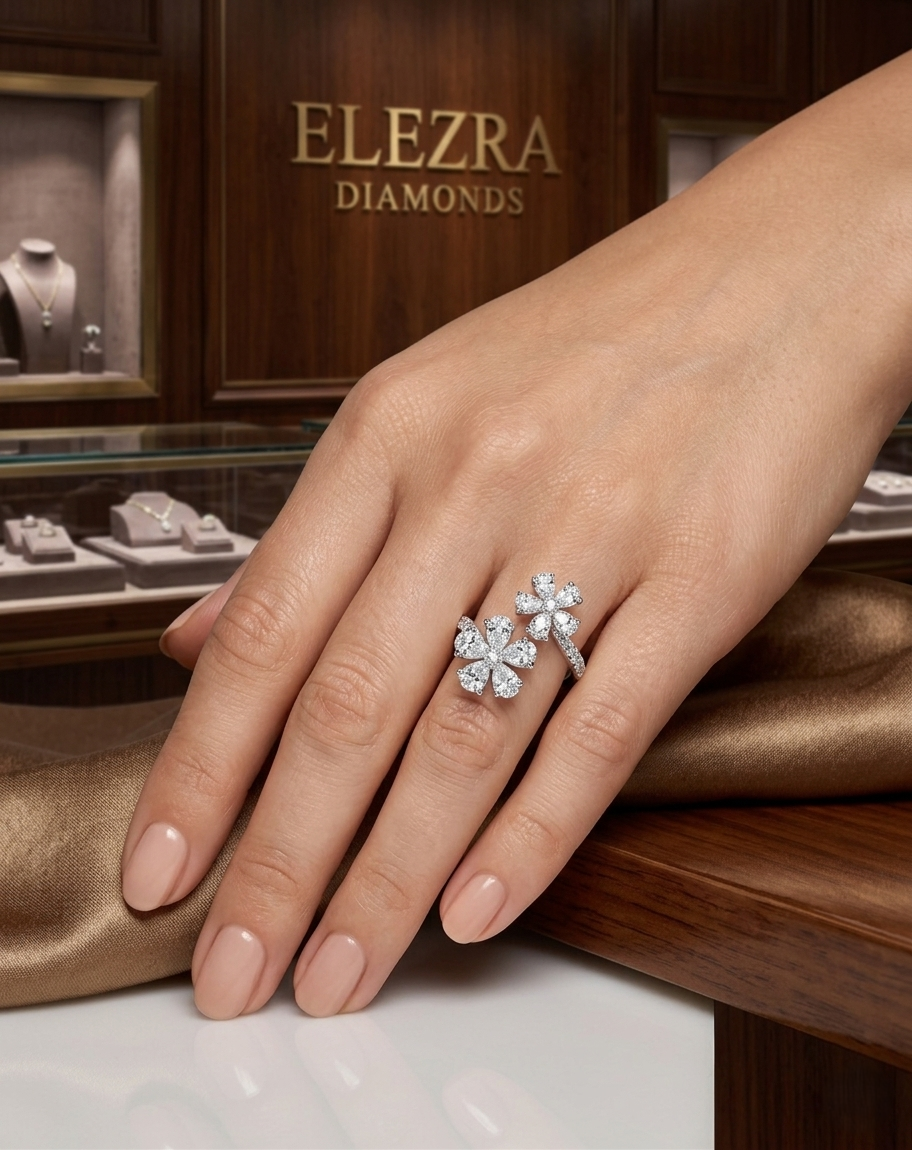 1.75CT NATURAL DIAMONDS DOUBLE FLOWER OPEN RING | 3.99G 18K WHITE GOLD