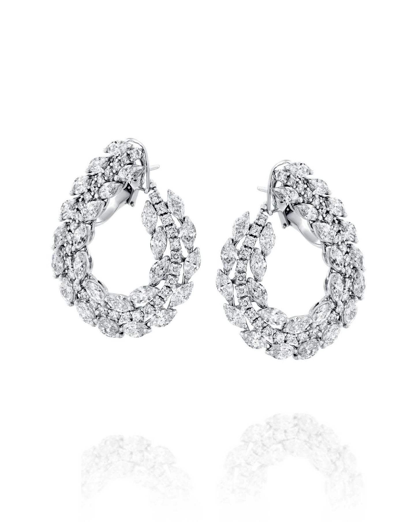 10.10CT NATURAL PEAR & ROUND BRILLIANT DIAMONDS TRIPLE ROW HOOP EARRINGS | 19.40G 18K WHITE GOLD