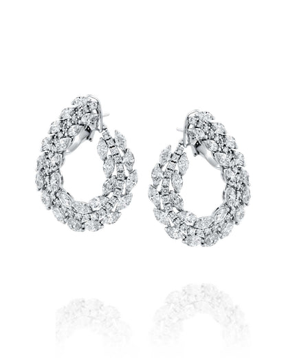 10.10CT NATURAL PEAR & ROUND BRILLIANT DIAMONDS TRIPLE ROW HOOP EARRINGS | 19.40G 18K WHITE GOLD