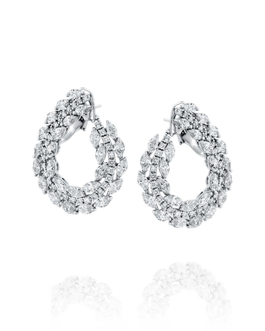 10.10CT NATURAL PEAR & ROUND BRILLIANT DIAMONDS TRIPLE ROW HOOP EARRINGS | 19.40G 18K WHITE GOLD