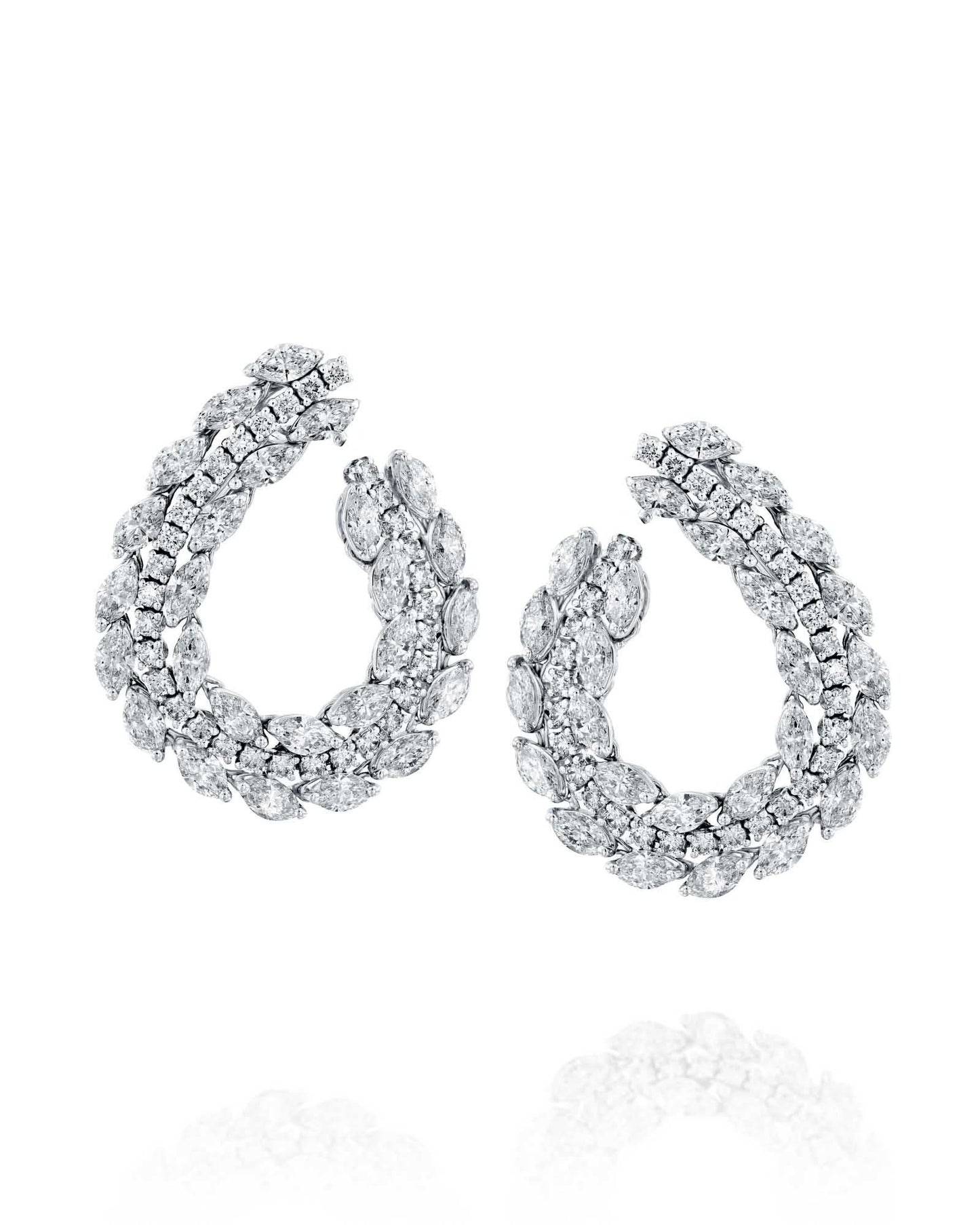 10.10CT NATURAL PEAR & ROUND BRILLIANT DIAMONDS TRIPLE ROW HOOP EARRINGS | 19.40G 18K WHITE GOLD