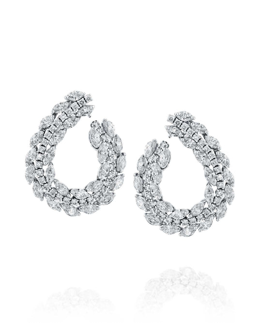 10.10CT NATURAL PEAR & ROUND BRILLIANT DIAMONDS TRIPLE ROW HOOP EARRINGS | 19.40G 18K WHITE GOLD