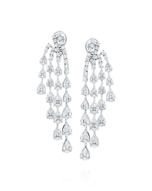 10.56CT NATURAL PEAR CUT DIAMONDS TIERED DROP EARRINGS | 24.30G 18K WHITE GOLD