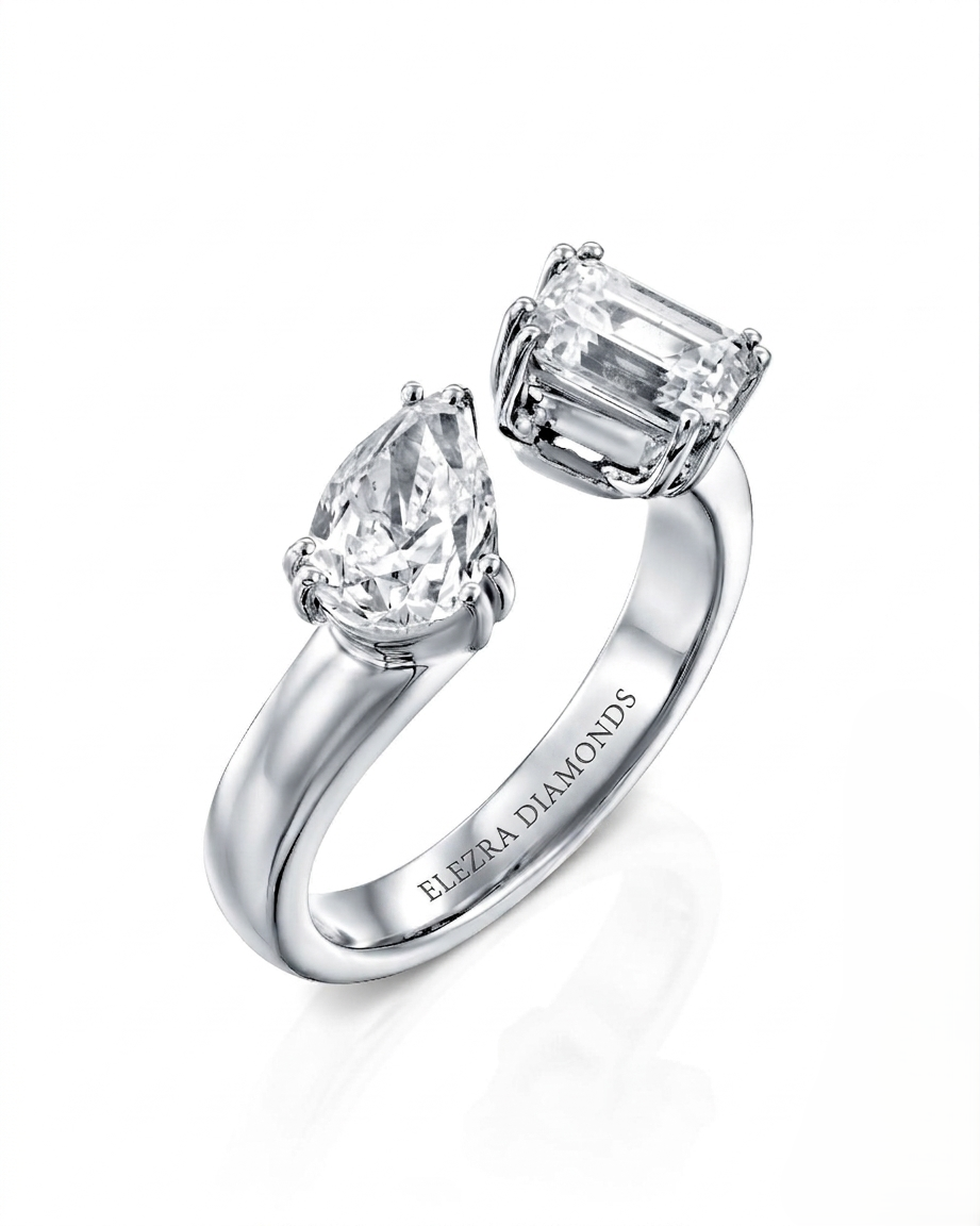 2.01CT NATURAL DIAMONDS EMERALD & PEAR CUT OPEN RING | 5.5G 18K WHITE GOLD