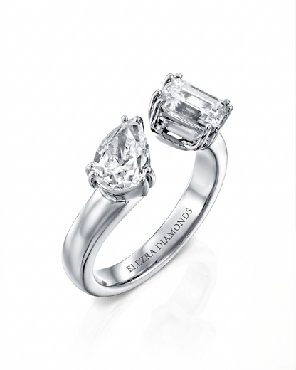 2.01CT NATURAL DIAMONDS EMERALD & PEAR CUT OPEN RING | 5.5G 18K WHITE GOLD