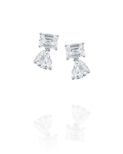 2.01CT NATURAL HEART & EMERALD CUT DIAMONDS DROP EARRINGS | 2.90G 18K WHITE GOLD