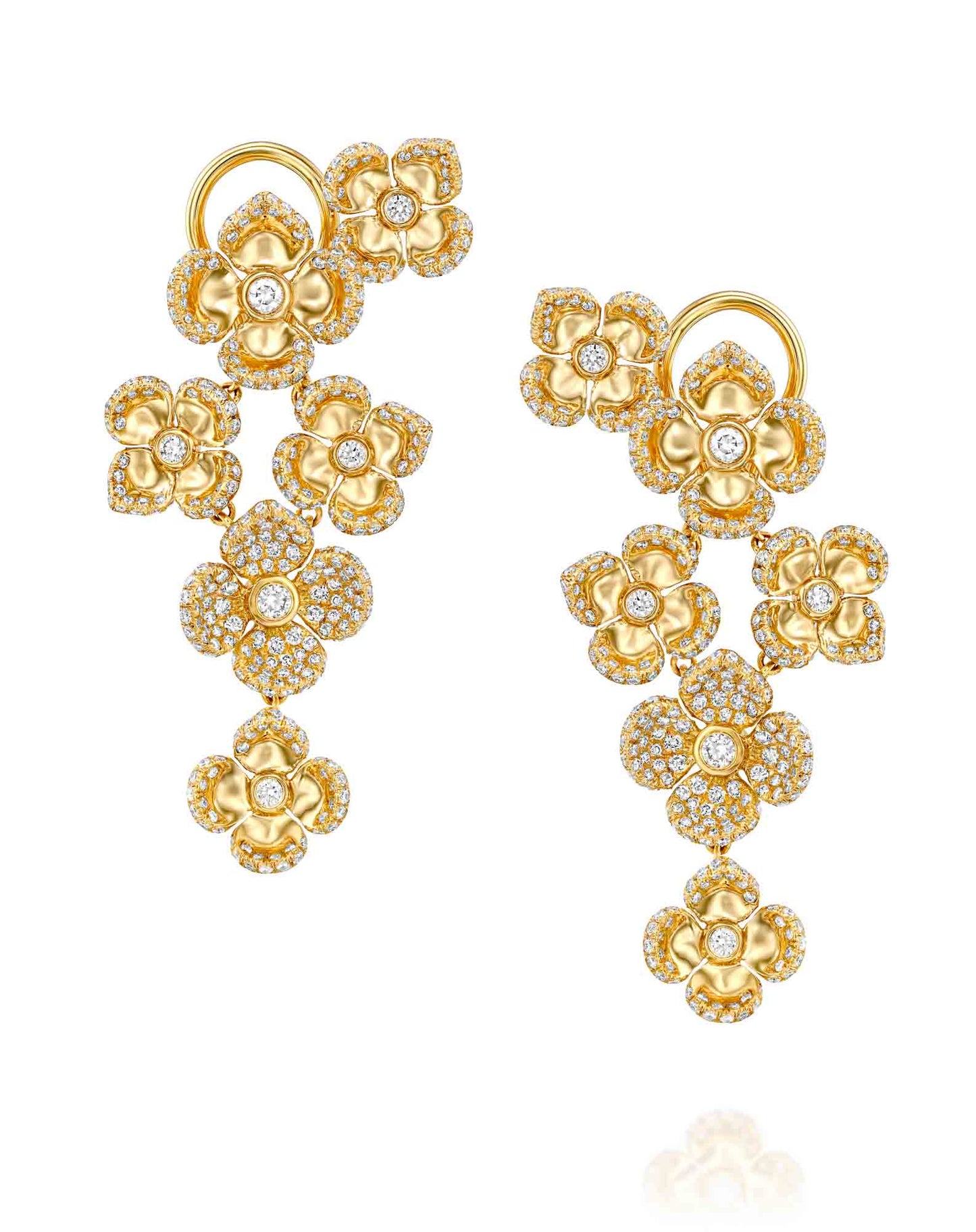 2.50CT NATURAL ROUND BRILLIANT DIAMONDS SIX CONCAVE VIOLETTO FLOWERS EARRINGS | 18K YELLOW & WHITE GOLD