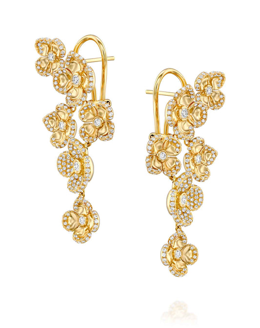 2.50CT NATURAL ROUND BRILLIANT DIAMONDS SIX CONCAVE VIOLETTO FLOWERS EARRINGS | 18K YELLOW & WHITE GOLD