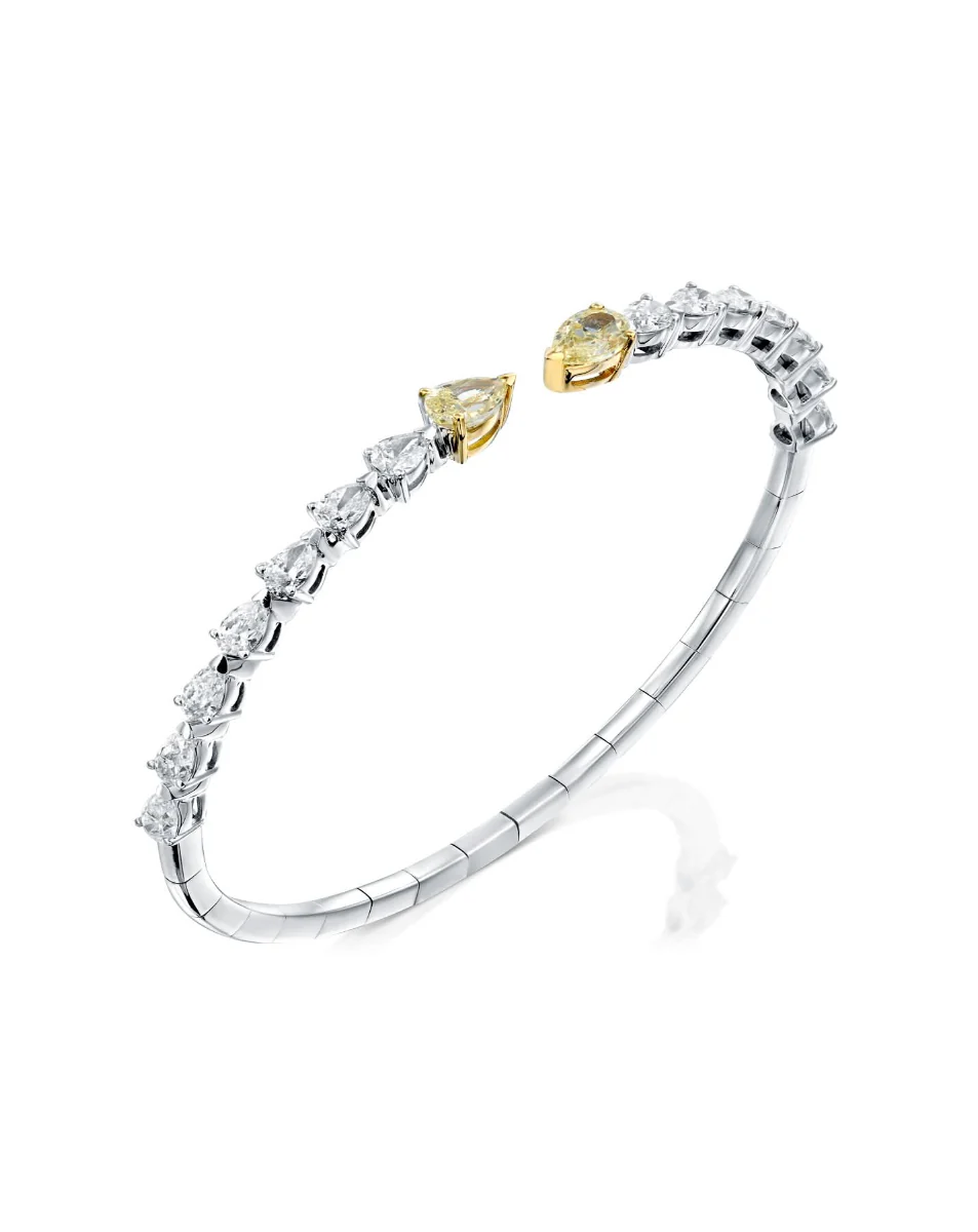2.98CT PEAR CUT NATURAL FANCY YELLOW PEAR & WHITE DIAMONDS OPEN FLEX BRACELET | 7G 18K WHITE GOLD