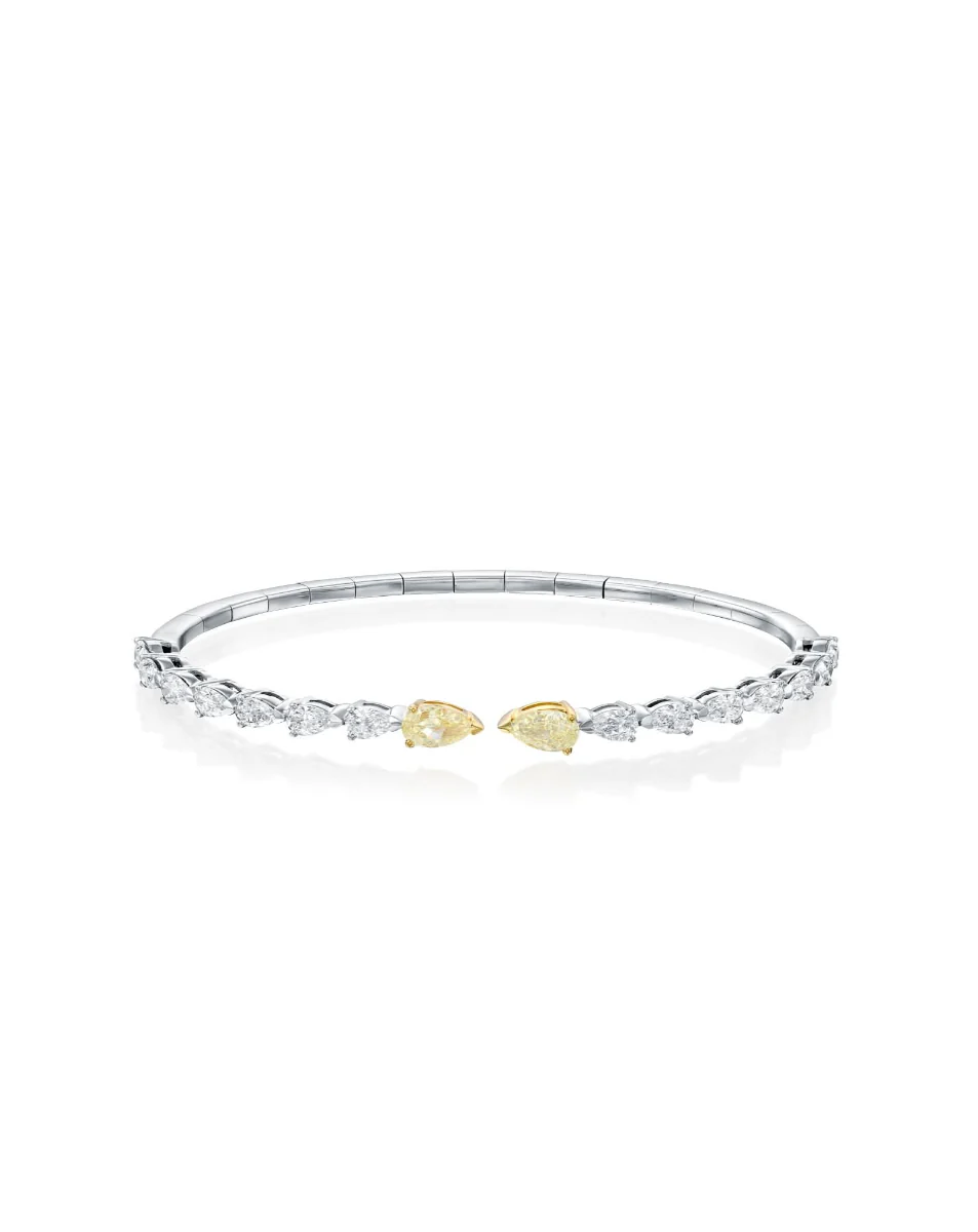 2.98CT PEAR CUT NATURAL FANCY YELLOW PEAR & WHITE DIAMONDS OPEN FLEX BRACELET | 7G 18K WHITE GOLD