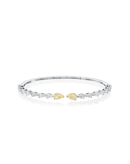 2.98CT PEAR CUT NATURAL FANCY YELLOW PEAR & WHITE DIAMONDS OPEN FLEX BRACELET | 7G 18K WHITE GOLD